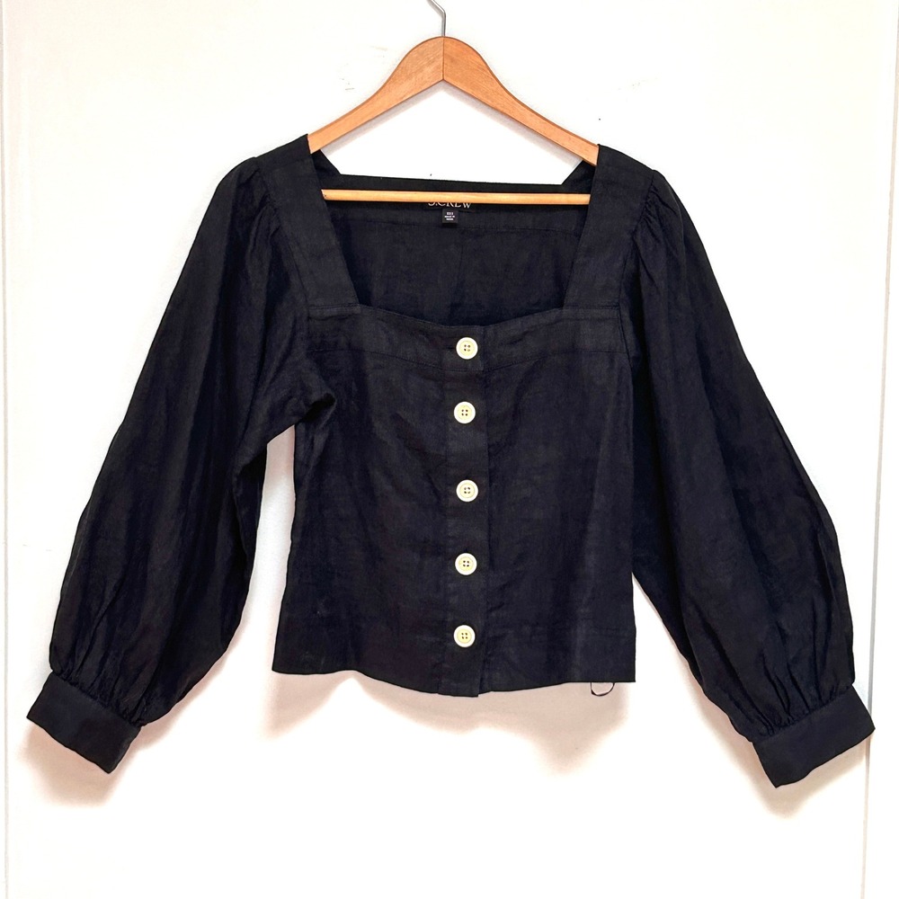 J.Crew Squareneck Linen Button Up Top Womens XXS Black Puff Sleeve BY697